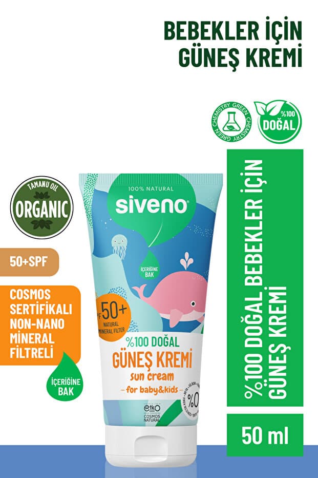 Siveno %100 Doğal Bebek Güneş Kremi Leke Karşıtı Nemlendirici Bitkisel Vegan SPF 50+ UVA UVB 50 ml