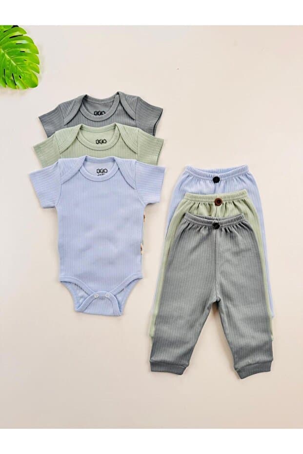 EFU BABY 3'lü %100 Pamuklu Unisex Kısa Kol Bebek Body Pantolon Takım