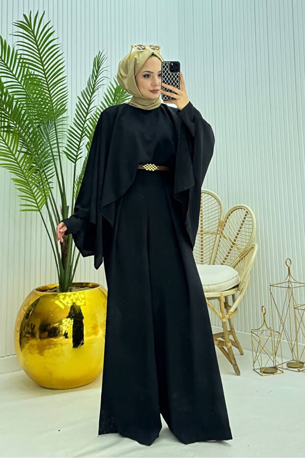 Neşeli Butik kadın pelerinli kemer detaylı tesettür tulum NMS061 - Fiyatı