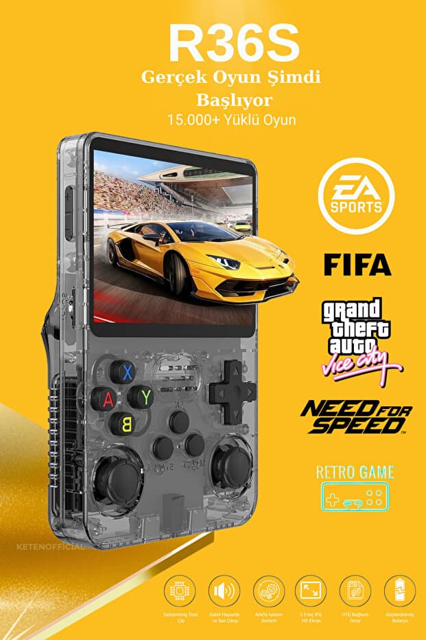 KETENOFFİCİAL R36S Retro Oyun Konsolu 15.000+ Konsol Oyunu Yeni Nesil El Atarisi 64 Gb Hd Ekran Siyah