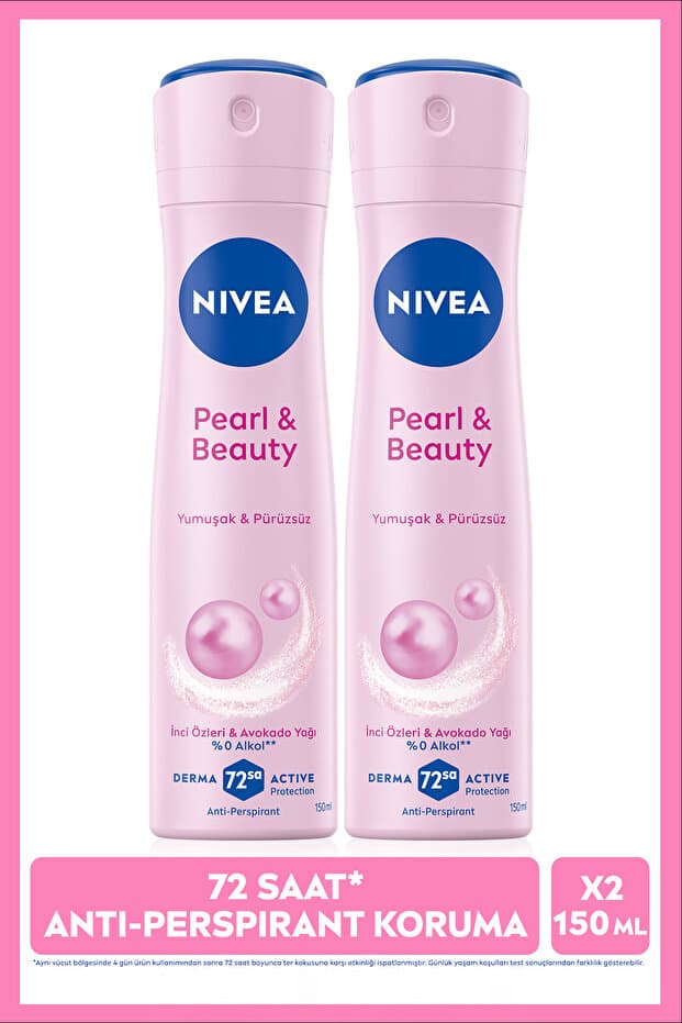 NIVEA Kadın Sprey Deodorant Pearl&Beauty 150ml, 72 Saat Anti Perspirant Koruma,Pürüzsüz Koltuk Altı,X2Adet