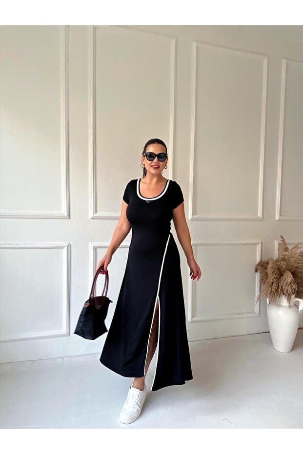 Kokosh moda Kadın Yırtmaçlı, Siyah Yazlık Uzun Elbise