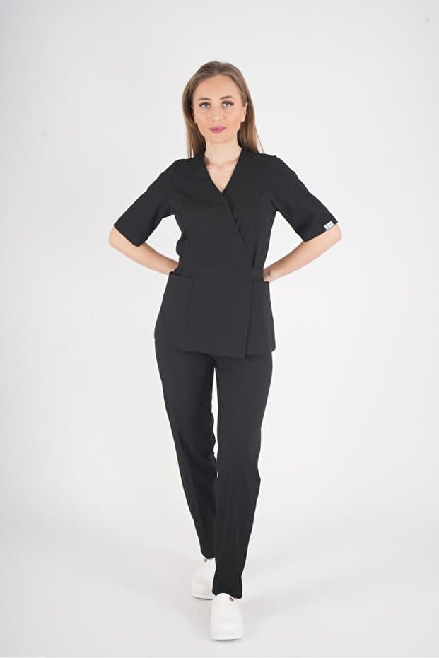 Nur Medikal Giyim Siyah Elegant Model Cerrahi Üniforma Belden Bağlamalı Scrubs Takım