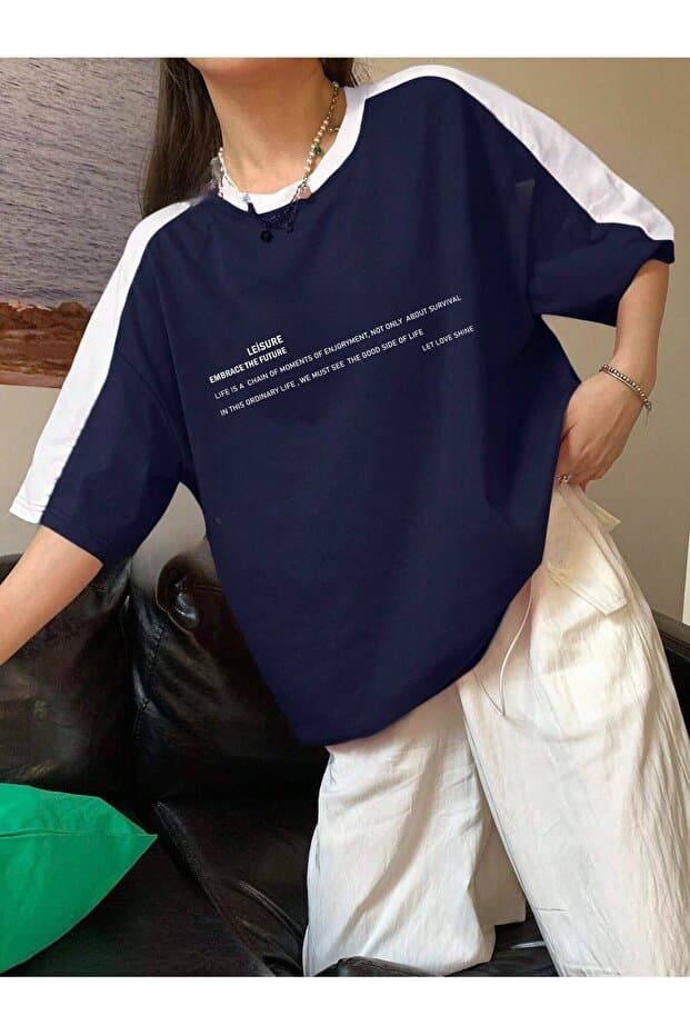 CLAYES Leisure Future Parçalı Süprem T-Shirt - Lacivert Beyaz Oversize Bisiklet Yaka Kısa Kol Tişört