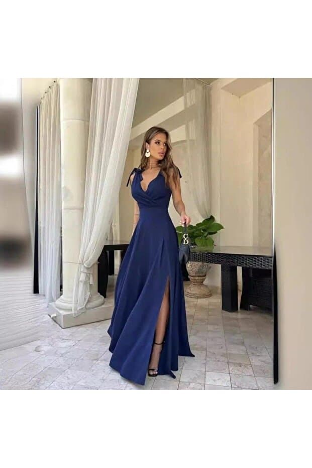 MADAM Kadın Askılı Kruvaze Yaka Uzun Yırtmaçlı Elbise, Özel Gün-Mezuniyet ve Gece Elbisesi