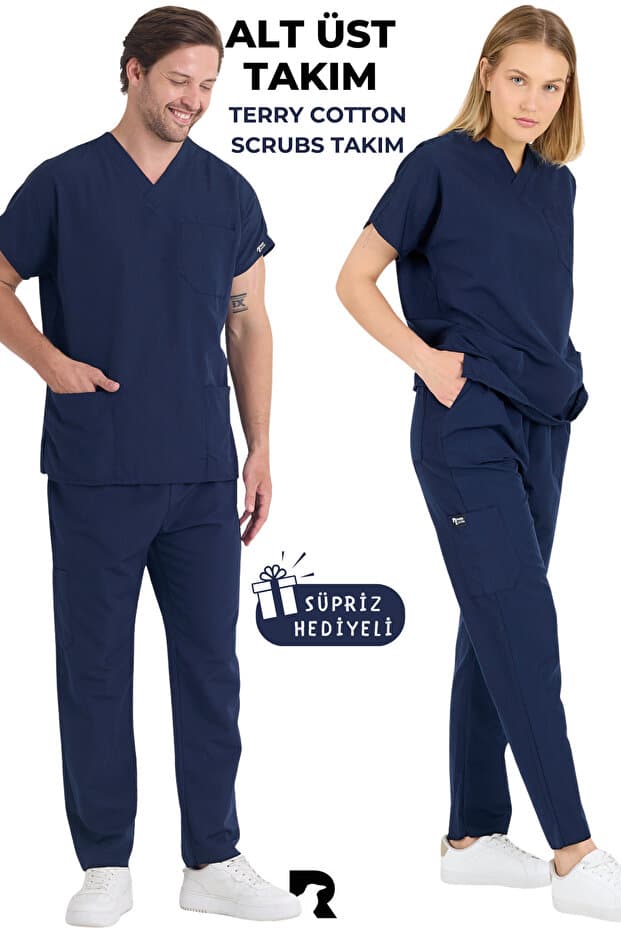 KARGA ÜNİFORMA Lacivert Likralı Takım Unisex Yarasa Kol Hemşire Ve Doktor Forması Takımı Scrubs Hastane Üniforması