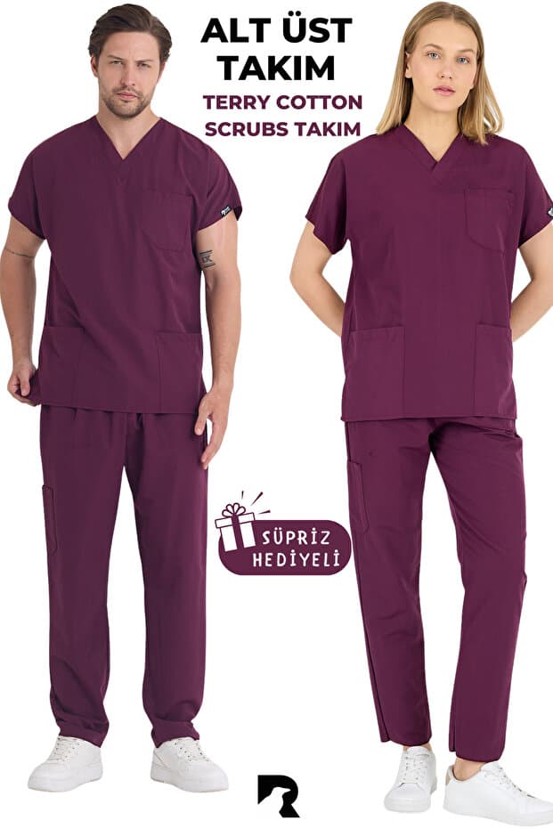 KARGA ÜNİFORMA Mürdüm Takım Terry Cotton Unisex Yarasa Kol Hemşire Ve Doktor Forması Takımı Scrubs