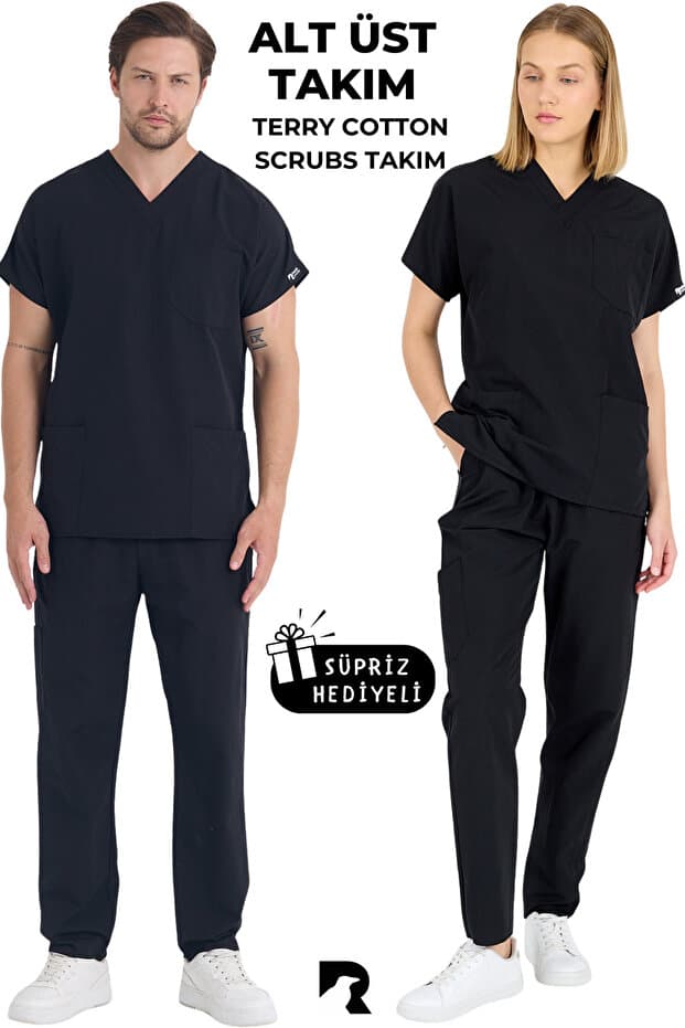 KARGA ÜNİFORMA Siyah Likralı TAKIM Unisex Yarasa Kol Hemşire Ve Doktor Forması Takımı Scrubs Hastane Üniforması