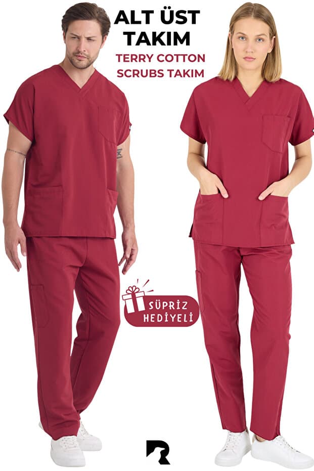 KARGA ÜNİFORMA Bordo Takım Unisex Yarasa Kol Hemşire Ve Doktor Forması Takımı Scrubs Hastane Üniforması