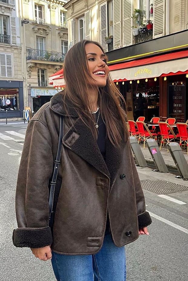 NET OF NOT Else Acı Kahve Dokulu Süet Içi Peluşlu Oversize Zr Model Mont Ceket