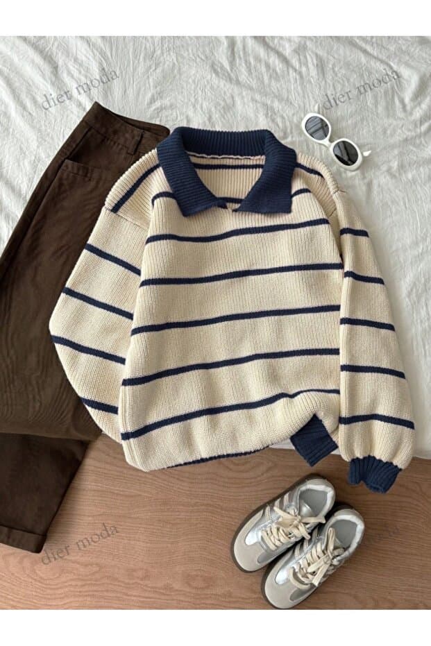 Dier Moda Ekru Lacivert Selanik Örgü Polo Yaka Oversize Triko Kazak, Kadın Kazak