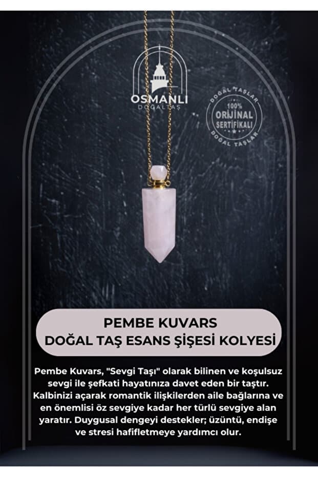 OSMANLI DOĞAL TAŞ Sertifikalı Pembe Kuvars Doğal Taş Esans Şişesi Kolye