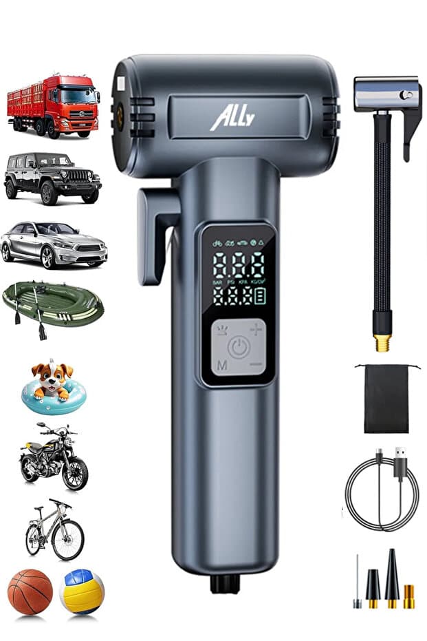 Ally ST-5530 Dijital Şarjlı Araç Lastik Hava Şişirme Pompası Power bank Penere kırıcı SIYAH - Fiyatı