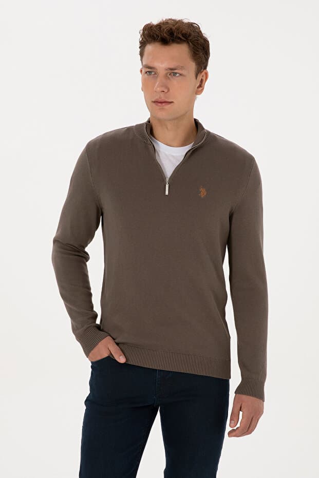 U.S. Polo Assn. Erkek Slim Fit Yarım Fermuarlı Vizon Basic Kazak 50313695-VR052