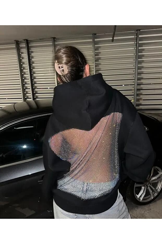 Touz Moda Crystal File Detail Oversize Hoodie Sweatshirt