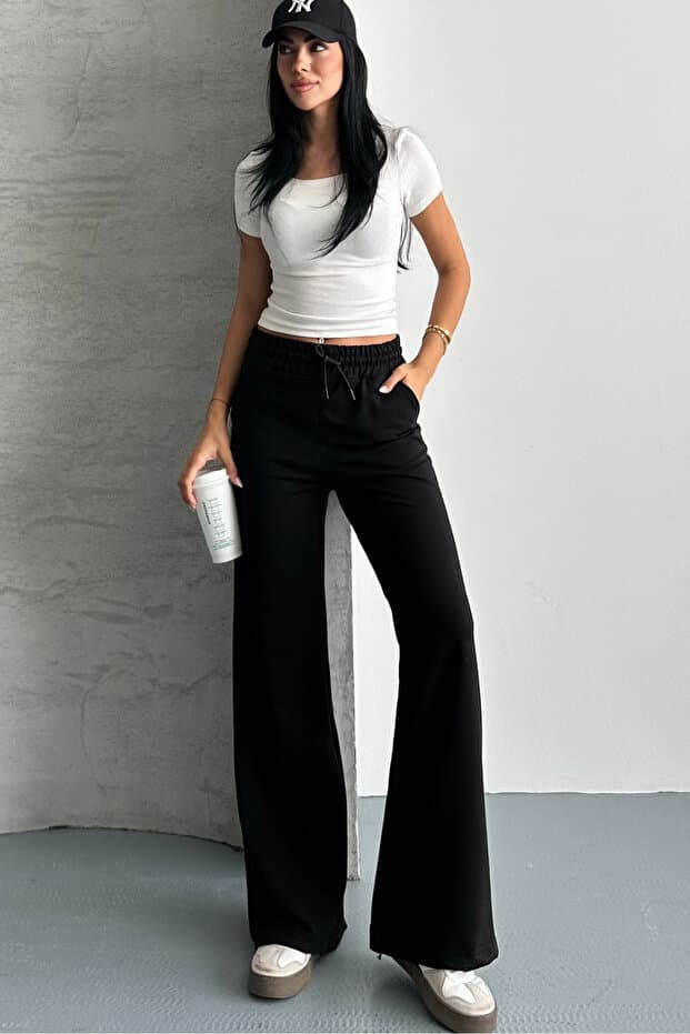 macharel jeans Kadın Siyah Iki Iplik Beli Lastikli Salaş Bol Paça Eşofman Altı