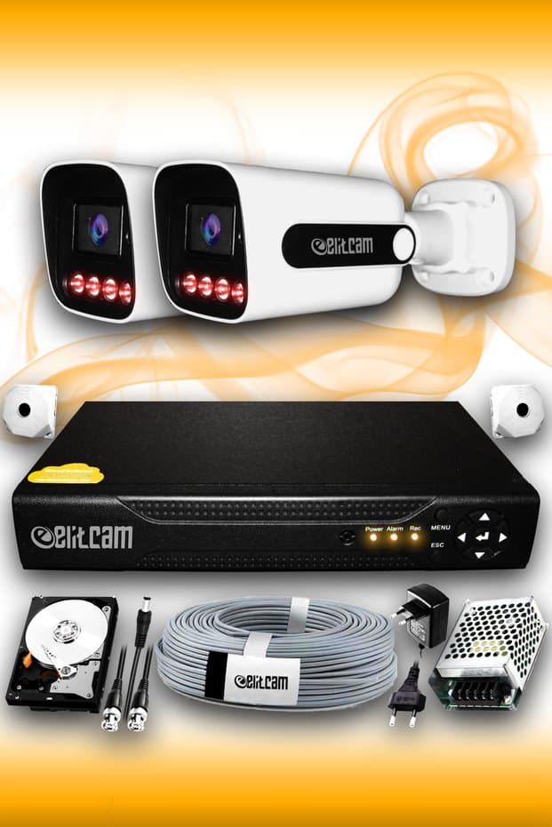 Elitcam 2 Kameralı Süper 2 Dış Kamera Set 100 GB 5 MP 2K Net Gece Görüşlü Güvenlik Kamerası Sistemi - Fiyatı