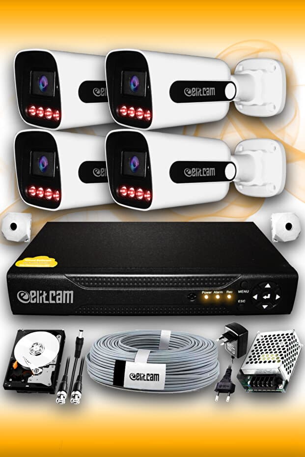 Elitcam 4 Kameralı Süper 4 Dış Kamera Set 500 GB 5 MP 2K Net Gece Görüşlü Güvenlik Kamerası Sistemi - Fiyatı