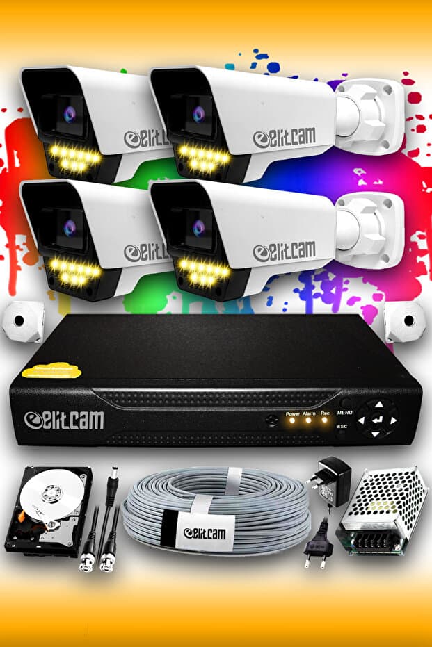 Elitcam 4 Kameralı Süper 4 Dış Kamera Set 320 GB 5 MP 2K Renkli Gece Görüşlü Güvenlik Kamerası Sistemi