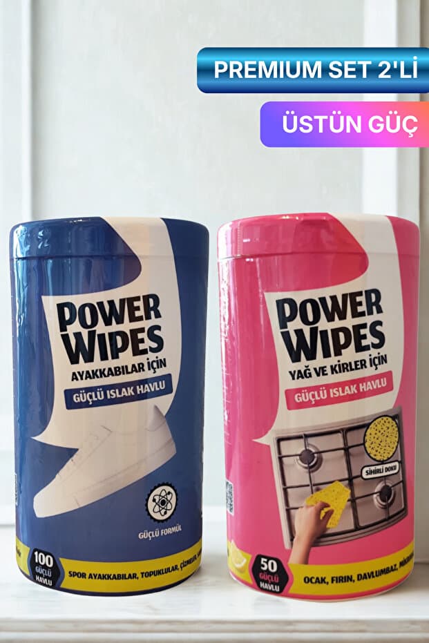 Power Wipes Ayakkabı Temizleyici 100’lü + Yağ ve Kirler İçin 50’li Güçlü Islak Havlu Set