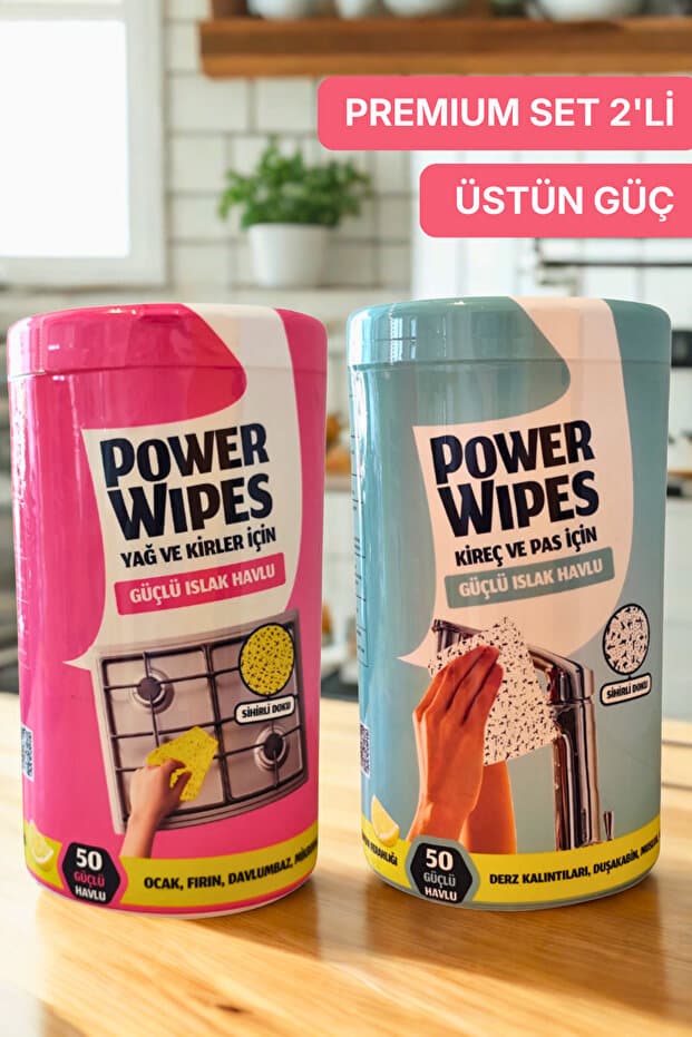 Power Wipes Yağ ve Kir + Kireç ve Pas Temizlik Havlusu 2’li Set (50+50 Adet)