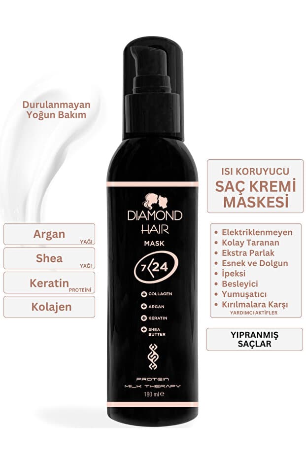 DIAMOND HAIR Durulanmayan Saç Kremi Isı Koruyucu Kolay Tarama Keratin Sütü Argan Shea Yağı Collagen Saç Maskesi