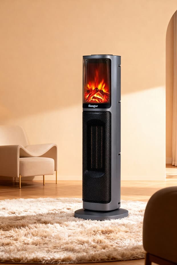 Hoogar German 2075 L Grey Oben Seri OLED Şömineli Ekran Dijital Kule Tipi Turbo Hızlı Isıtıcı