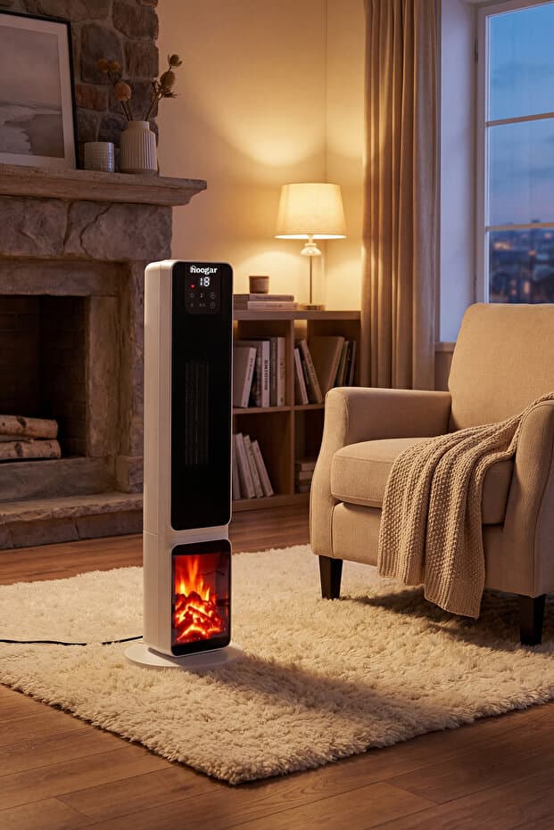 Hoogar German 2701 L White OLED Şömineli Ekran Dijital Göstergeli Seramik Fanlı Hızlı Isıtıcı
