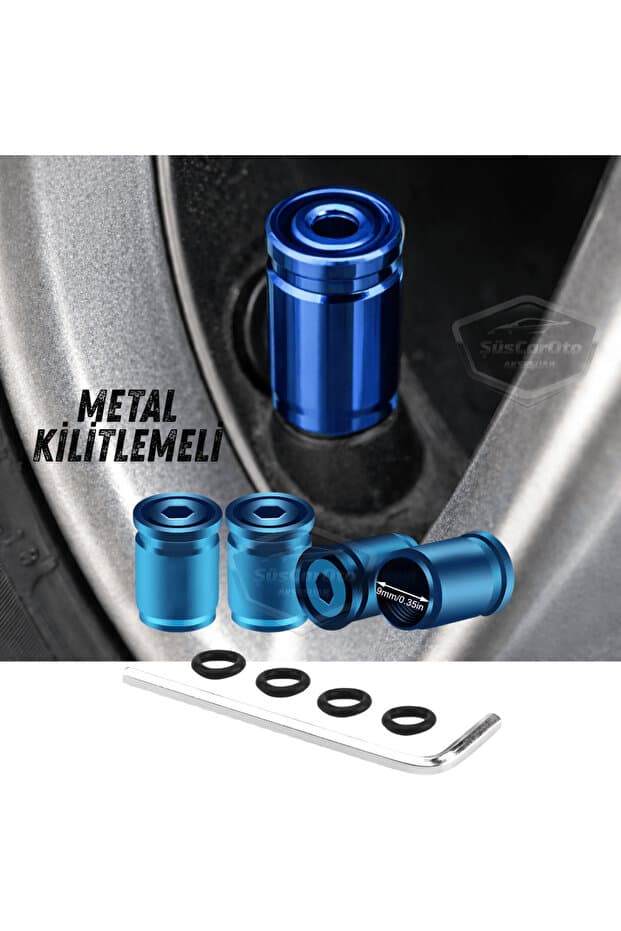caralp Kilitlemeli Sibop Kapağı Alyanlı Sibop Kapağı Araba Motosiklet Bisiklet Metal Sıkmalı Mavi 4 lü Set