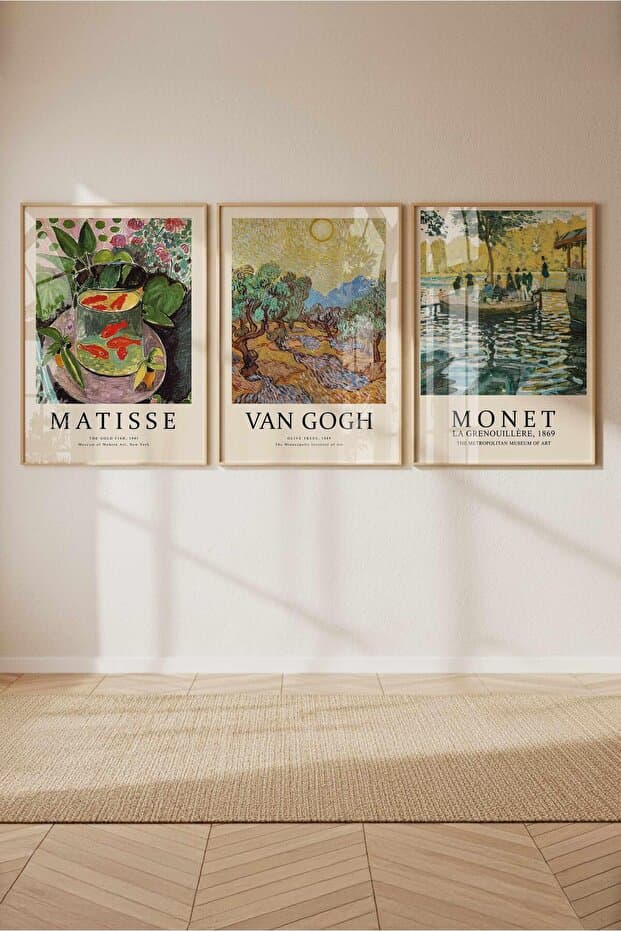 bukashops Matisse, Van Gogh, Monet 3'lü Tablo Seti Çerçeveli Renk Seçenekli
