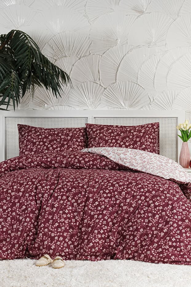 Elart Jasmin Nevresim Takımı Çift Kişilik %100 Pamuk Ranforce Lastikli Çarşaf (200x220 cm) Bordo