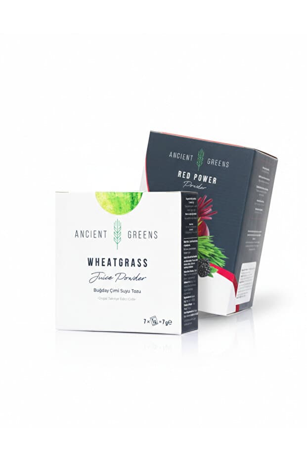 Ancient Greens Enerji & Antioksidan Günlük Rutin Paketi - Buğday Çimi Suyu Tozu 7 Günlük Kür + Red Power 10 Saşe