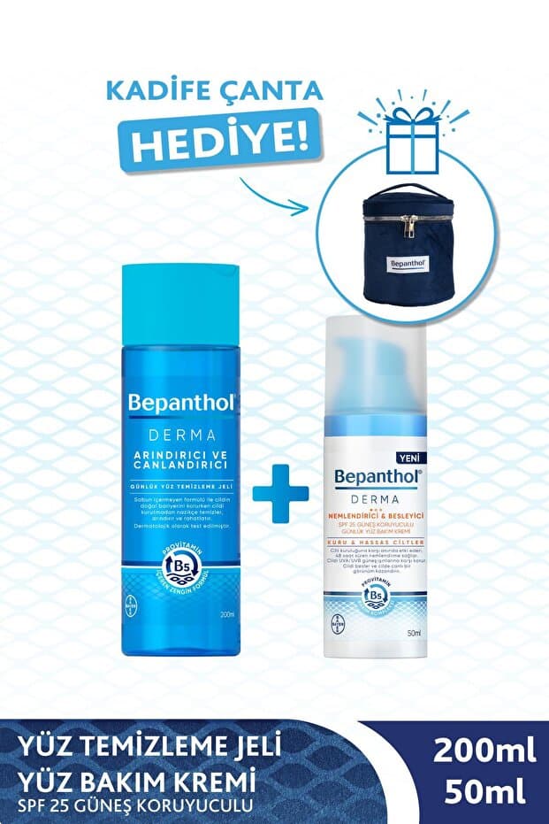 Bepanthol Nemlendirici Spf25 Günlük Yüz Bakım Kremi 50ml & Yüz Temizleme Jeli 200ml -Kadife Çanta