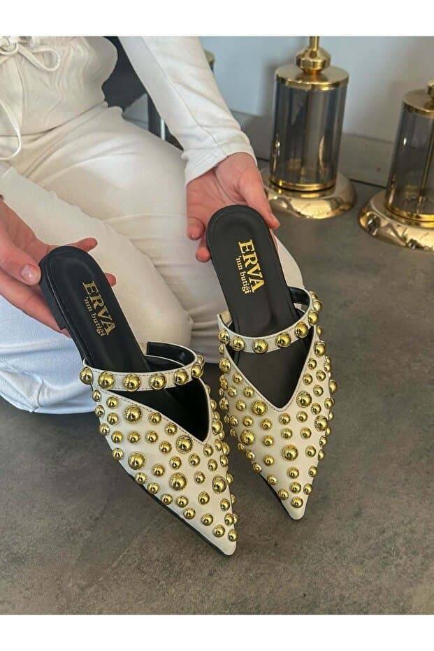 ERVANIN BUTİĞİ Beyaz Cilt (Maria) Gold Droplu Kadın Terlik