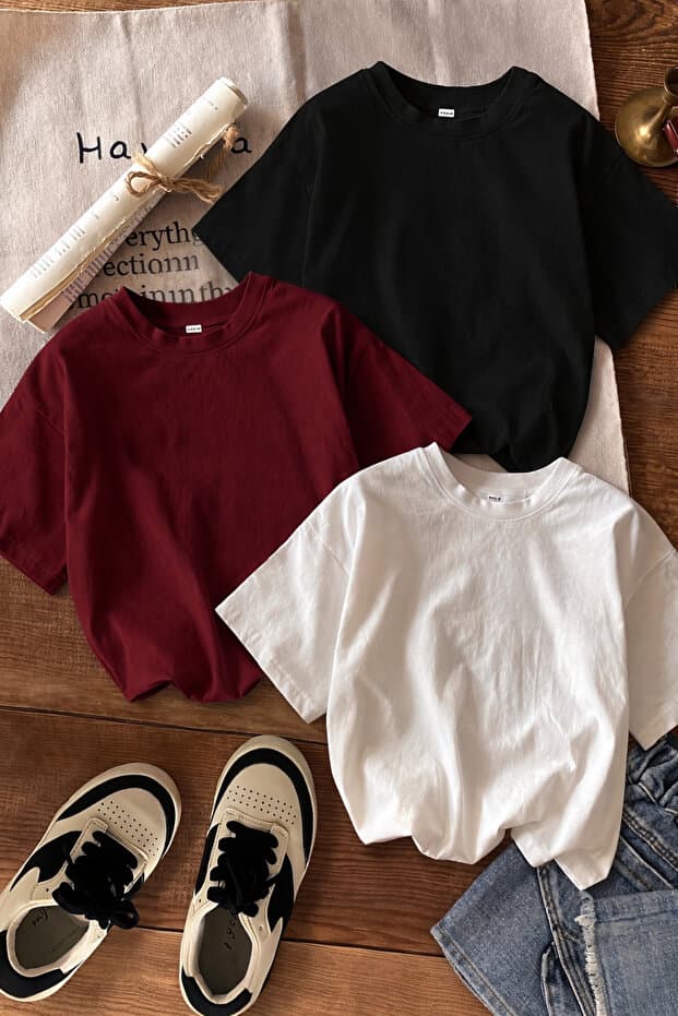 SANTAMİLA 3 lü Bordo Beyaz Siyah Düz T-shirt