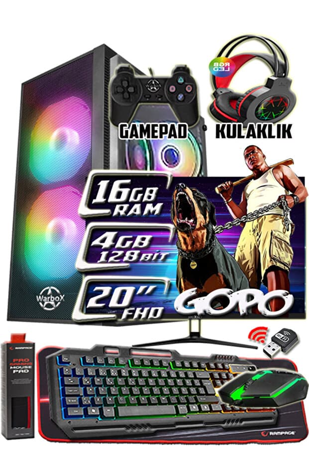 WARBOX GOPO X5650 İşlemci 16gb Ram 256gb SSD 250gb Hdd R7 240-4gb E.kartı 20" Monitör Gaming PC