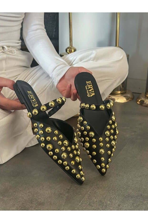 ERVANIN BUTİĞİ Siyah Cilt (Maria) Gold Droplu Kadın Terlik