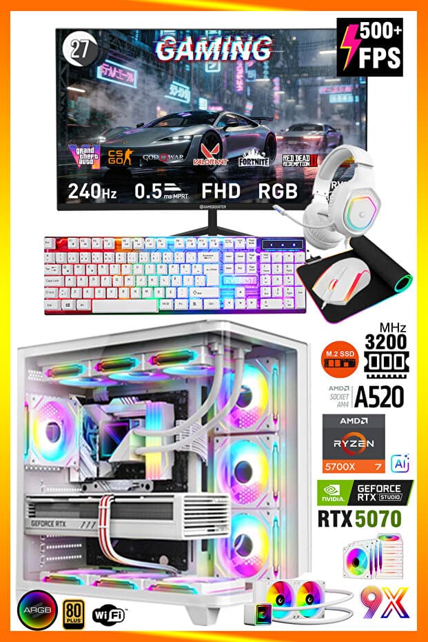 Zeiron Wegna X70 White Ryzen 7 5700X 32GB RAM 1TB M.2 SSD RTX5070 27" 240Hz Sıvı Soğutma Oyuncu Bilgisayarı