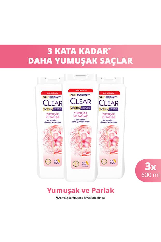 Clear Women Kepeğe Karşı Etkili Şampuan Yumuşak ve Parlak 600 ml x3