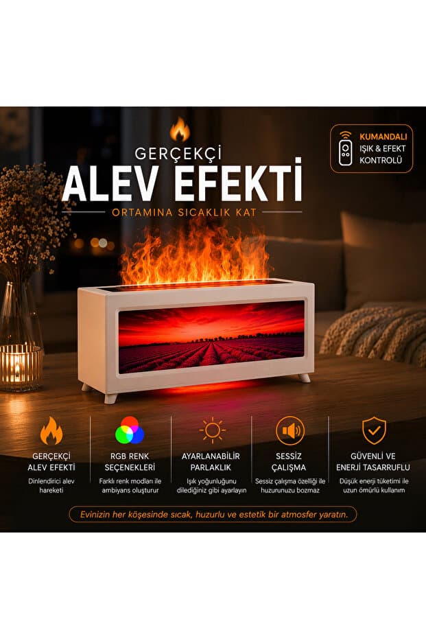 sudora Alev Efektli Dekoratif Manzaralı Hava Nemlendirici (Isıtmasız)