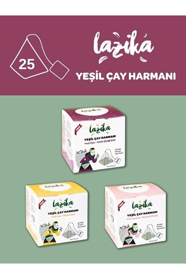 LAZİKA (3'lü Set) Yeşil Çay Harmanı Karma - Yayla Çiçeği, Melisa, Oolong Yasemin (3x25 Poşet)