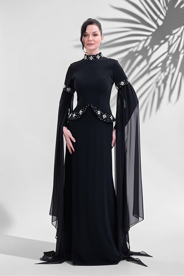 BDM Exclusive Taşlı Yaka ve Kol Detaylı Şifon Kollu Premium Abiye Elbise