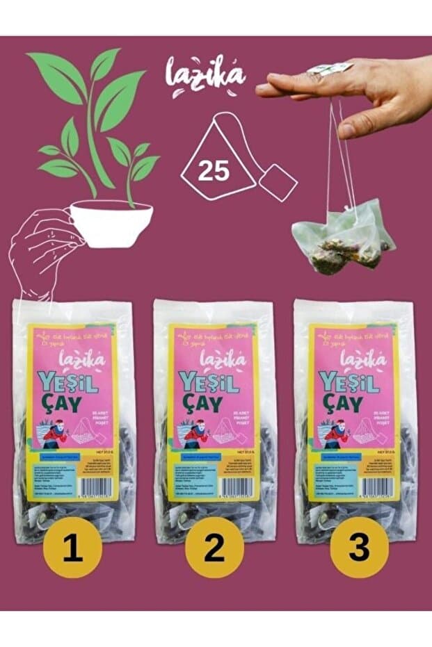 LAZİKA (3'lü Set) Yeşil Çay Piramit Poşet - 3x25 PLA Poşet, El Yapımı, 2,5 Yaprak