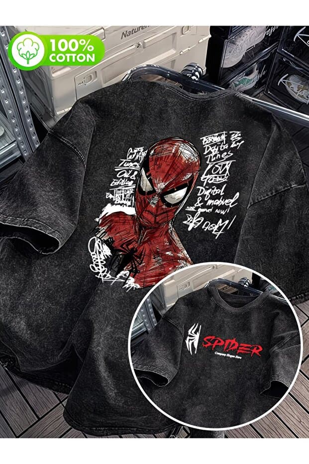Toum Retro Spider Baskılı Unisex Yıkamalı Vintage Oversize T-Shirt