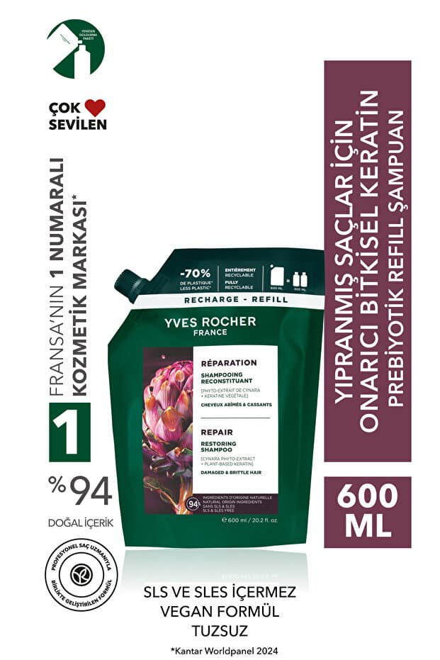 Yves Rocher Onarıcı Bitkisel Keratin Prebiyotik Refill Şampuan -Yıpranmış Saçlar- SLS,SLES içermez,Tuzsuz -600ml