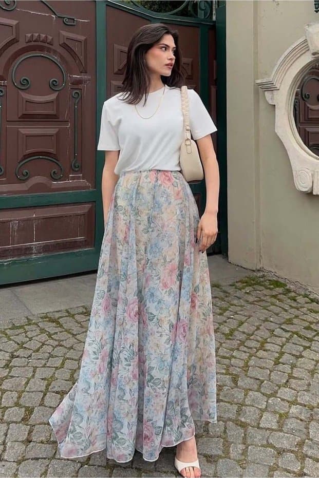 Madmext Ekru Çiçek Desenli Vintage Şifon Maxi Etek MG2776 - Fiyatı