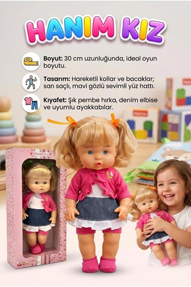 Tıfıl Toys Sevimli Hanım Kız! 30cm Kolları ve Bacakları Hareket Eden Elbiseli ve Aksesuarlı Oyuncak Et Bebek