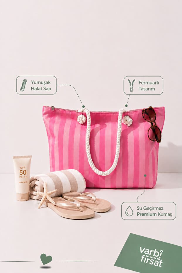Varbifırsat Tote Plaj Çantası, Fermuarlı Büyük Boy Alışveriş ve Günlük Omuz Çantası 50x30 cm