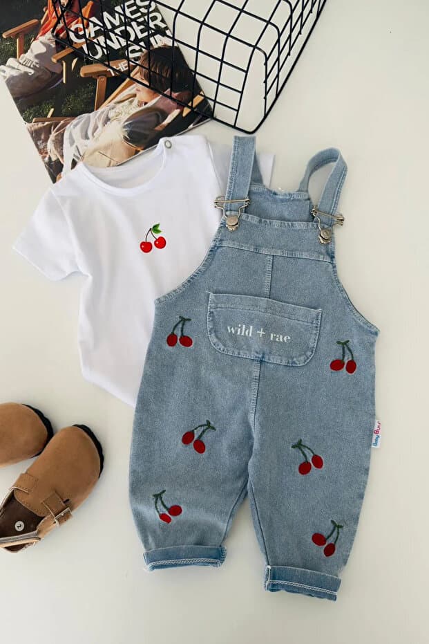 Minigimin Cicileri Miniğimin Cicileri Kiraz İşleme Detaylı Kız Bebek Salopetli 2 Li Takım - Mavi