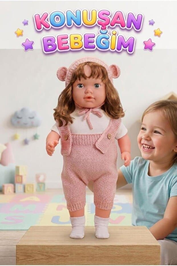 Tıfıl Toys Konuşan Bebeğim 60 cm Türkçe Konuşan Örgü Tulum ve Şapkalı Kafası Bacakları Kolları Et Oyuncak Bebek